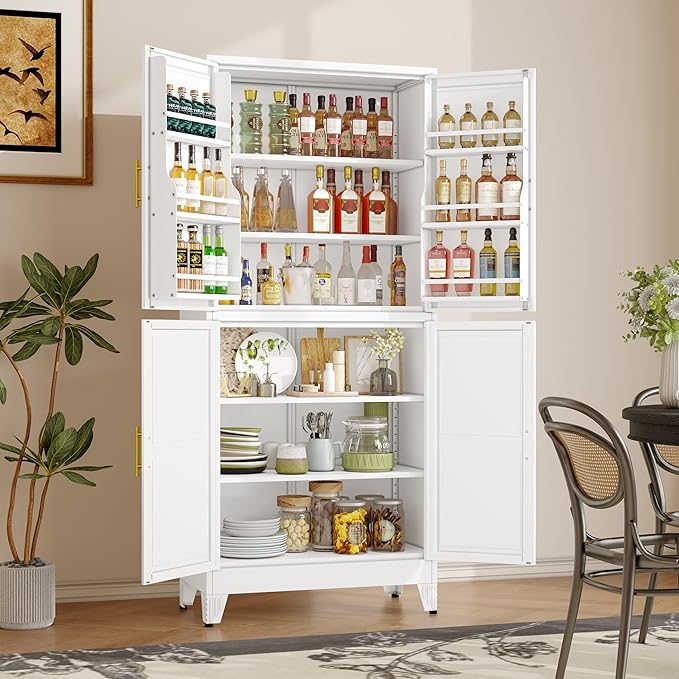 GAIOUS 74.8" Tall Metal Food Cabinet, White Kitchen Pantry Cabinet | Storage Cabinets with 4 Door and 4 Adjustable Shelves, Steel Freestanding Cupboard for Kitchen Dining Living Room Bathroom