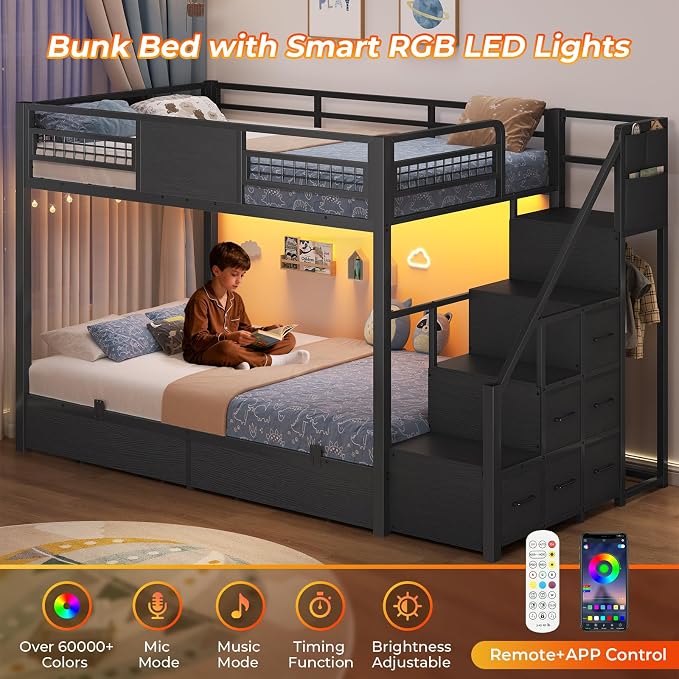 BTHFST Bunk Bed Twin Over Twin with Stairs, Storage Drawers and LED Lights