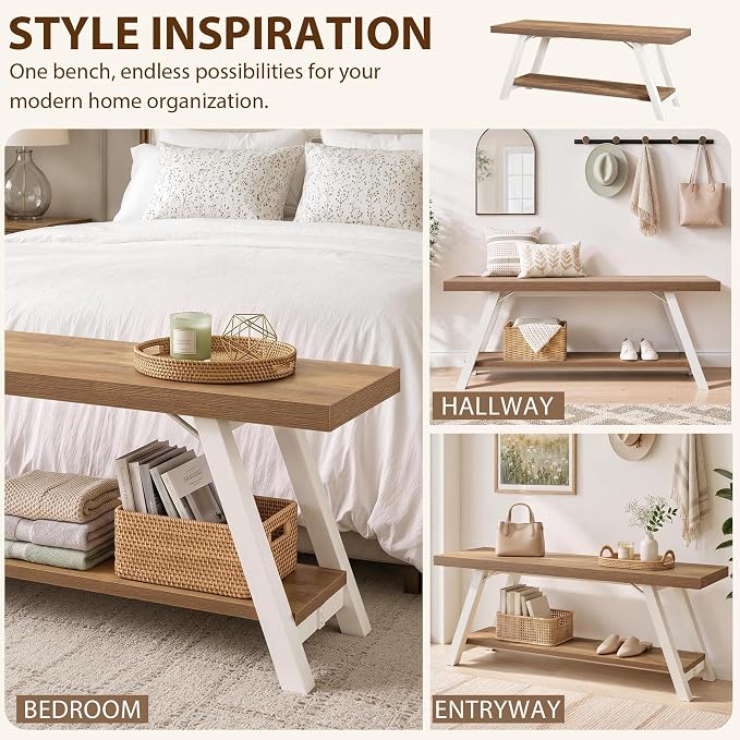 LVB Entryway Bench with Storage, Wood Bench for Entryway, 47 in