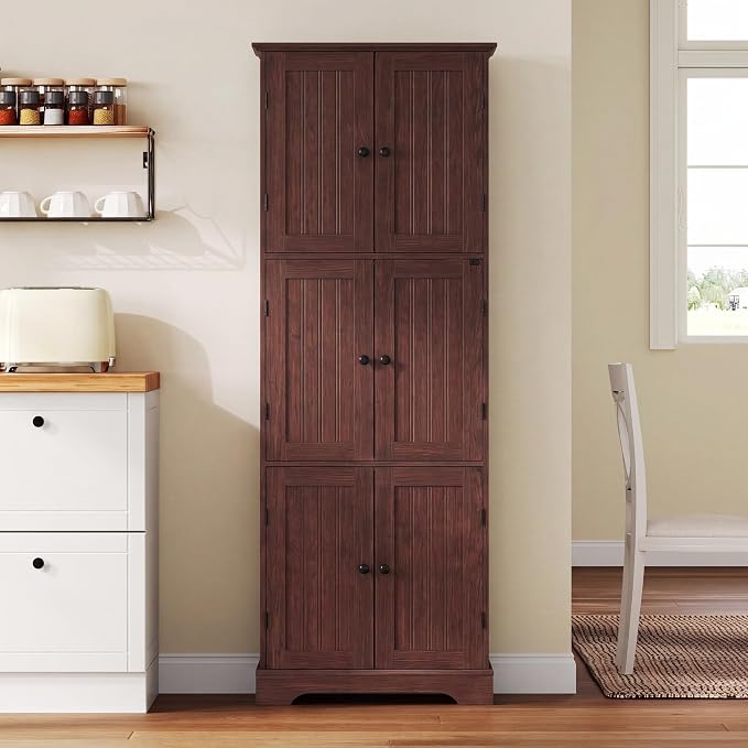 ChooChoo 63.2" Tall Bathroom Storage Cabinet with 6 Doors | Freestanding Floor Cabinet, Adjustable Shelves, Pantry Cabinet for Bathroom, Kitchen, Laundry Room, Rustic Walnut