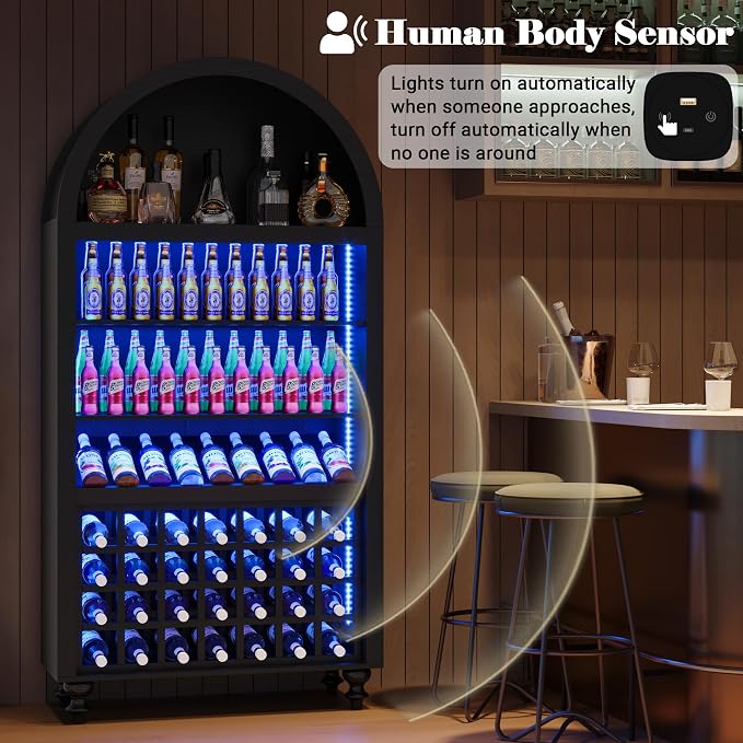 Arched Wine Bar Cabinet with LED Lights, 71" Tall Liquor Cabinets with 4 Glasses Holders & Wine Rack, Alcohol Display Storage Cabinet for Living Room, Kitchen Pantry, Dining Room (Black)