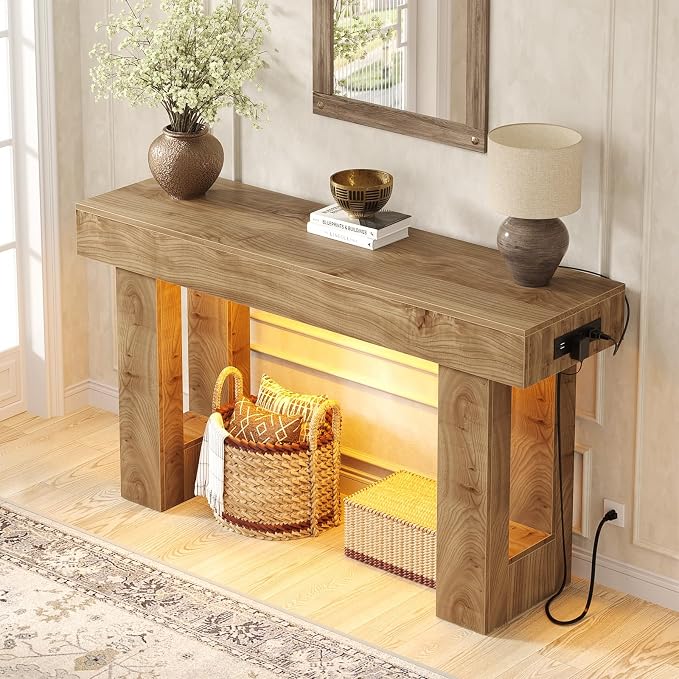 Unikito 47" Entryway Table with Socket & Sensor Light, Natural Oak
