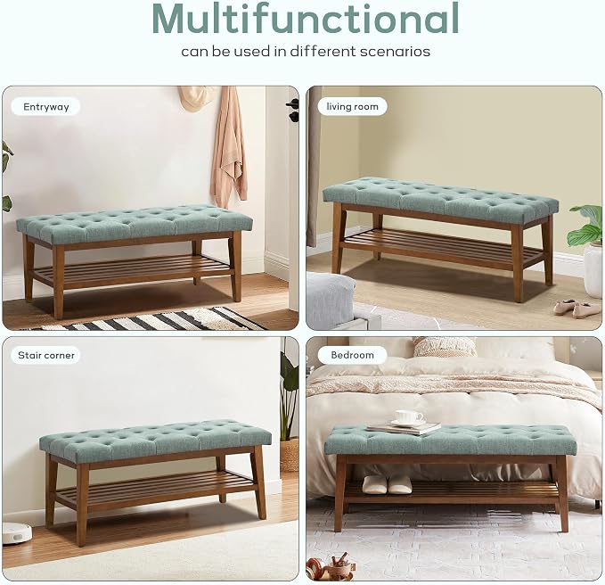 HUIMO Upholstered Entryway Shoe Bench, Button Tufted End of Bed Bench, Teal