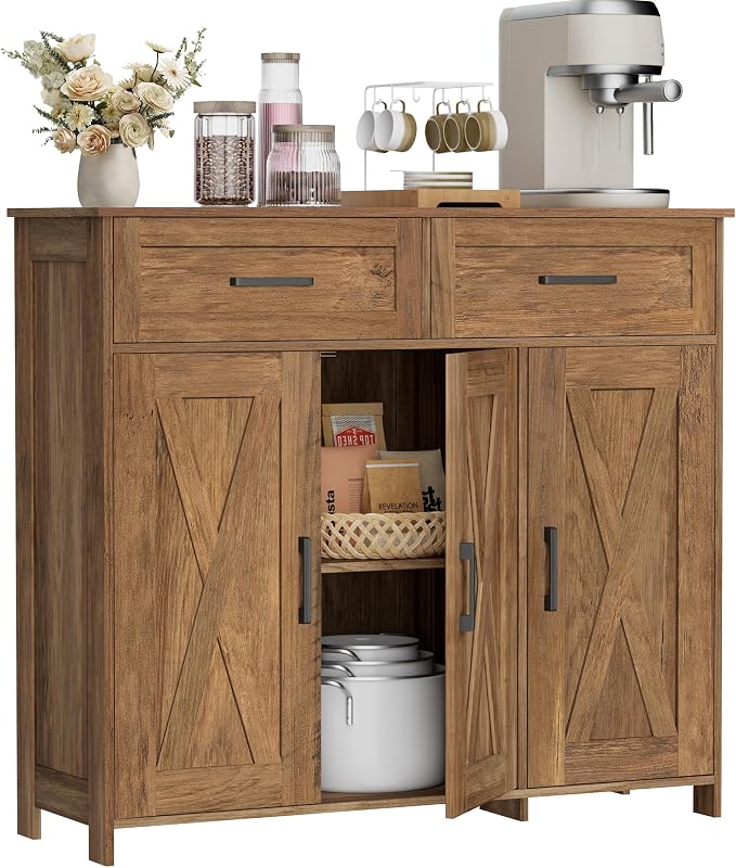 Homhedy Coffee Bar Storage Cabinet with Drawers, Kitchen Buffet Cabinet