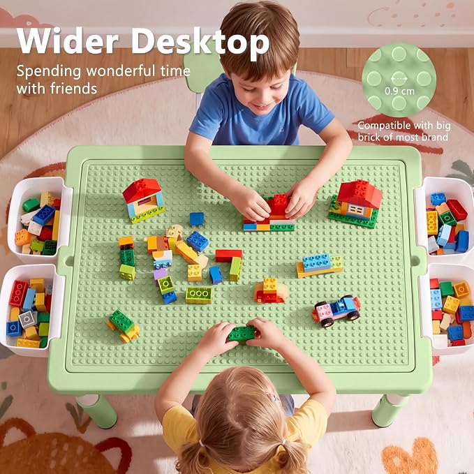 Kinder King Kids Table & 2 Chairs Set, Adjustable Heights, Storage, Green