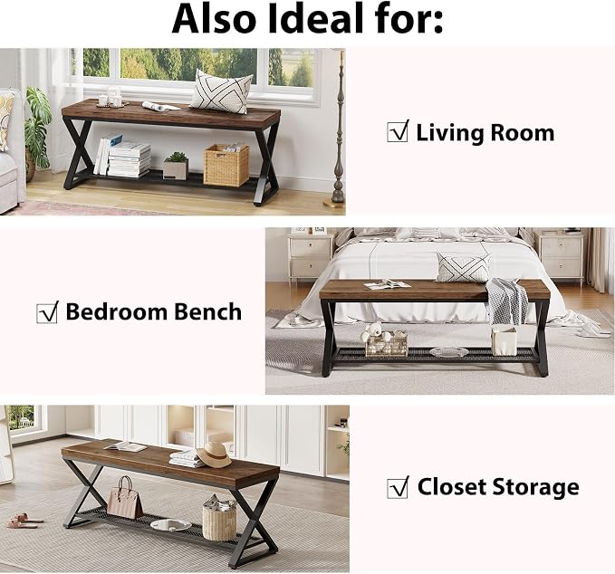 LVB Rustic Brown Entryway Bench, 47” Industrial Shoe Bench with Storage