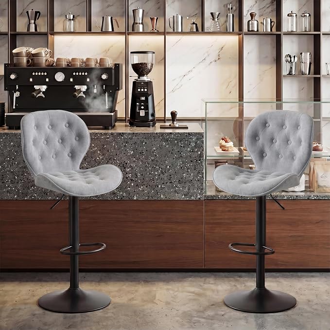 GRUSIGN Bar Stools Set of 4, Modern Swivel Adjustable Bar Chairs, Chenille Fabric Upholstered Counter Height Bar Stools with Backrest, Comfort Barstools for Kitchen Island, Home Bar, Grey