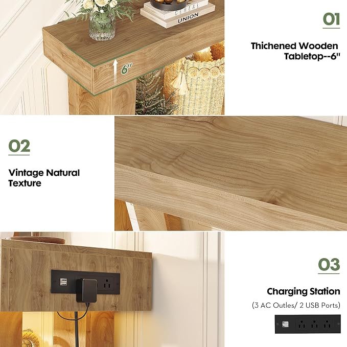 Unikito 47" Entryway Table with Socket & Sensor Light, Natural Oak