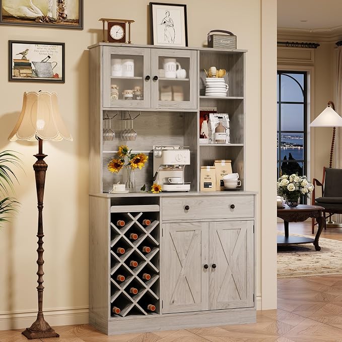 Garvee Coffee Bar Cabinet with Power Outlet & Exquisite Barn Doors, Sideboard Buffet Cabinet with Wine Bottle Rack, Storage Cabinet for Kitchen, Dining Room