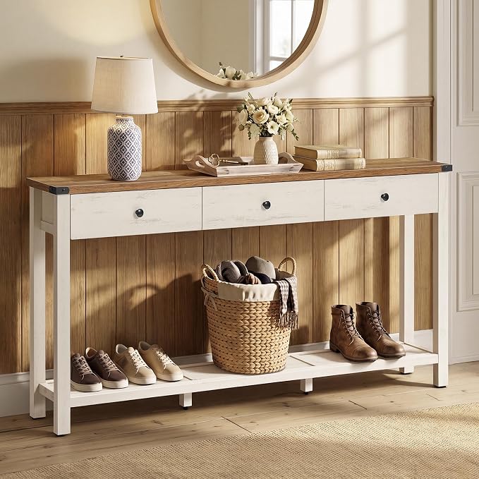 VASAGLE 63 Inche Narrow Console Table with 3 Drawers and Open Storage Shelf