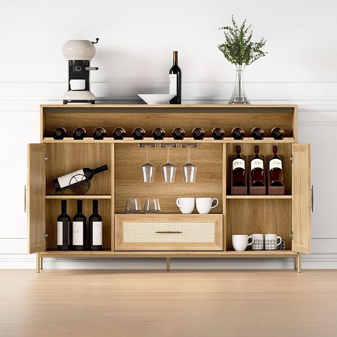 BELLEZE Coffee Bar Cabinet, 55" Rattan Liquor Cabinet, Boho Farmhouse Sideboard Buffet Cabinet with Storage, Accent Bar Cabinet for Living Room, Dining Room, and Entryway - Marcel (Camel)