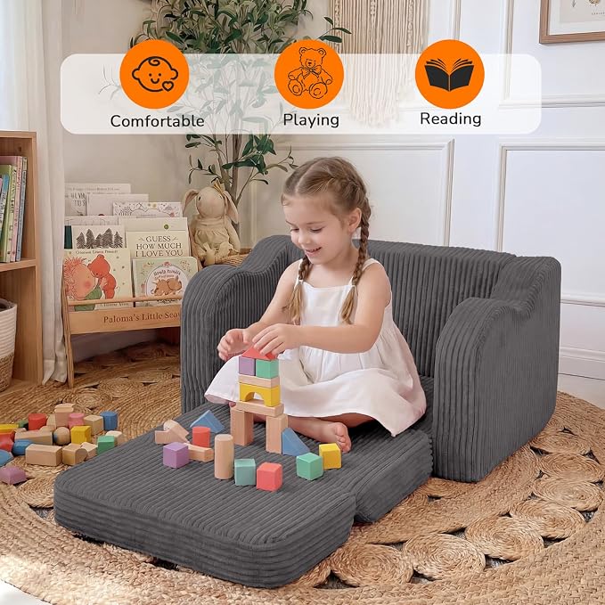 MeMoreCool Kids Chair, 2-in-1 Corduroy Fold Out Sofa, Foam Seat, Dark Grey