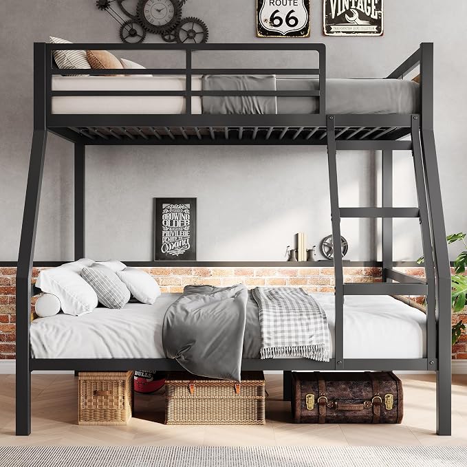 Feonase Metal Bunk Bed Twin Over Full with Ladder and High Guardrail, Heavy-Duty Metal Slats Support, Noise Free, No Box Spring Needed, for Kids and Juniors, Black