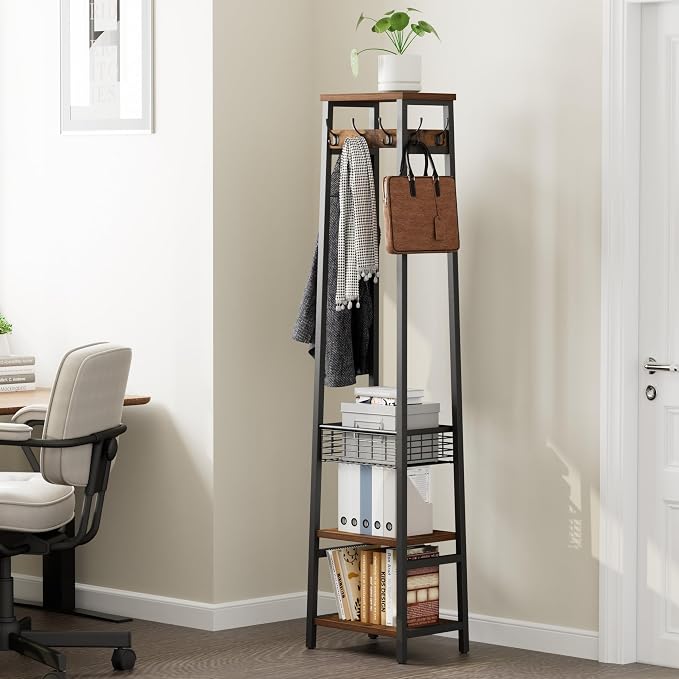 Coat Rack with Metal Basket and Storage Shelves