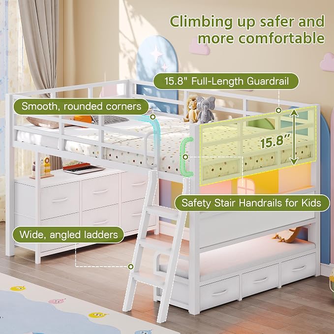 Dnxao Low Loft Bed Twin Size with 9 Storage Drawers and Desk for Kids,White