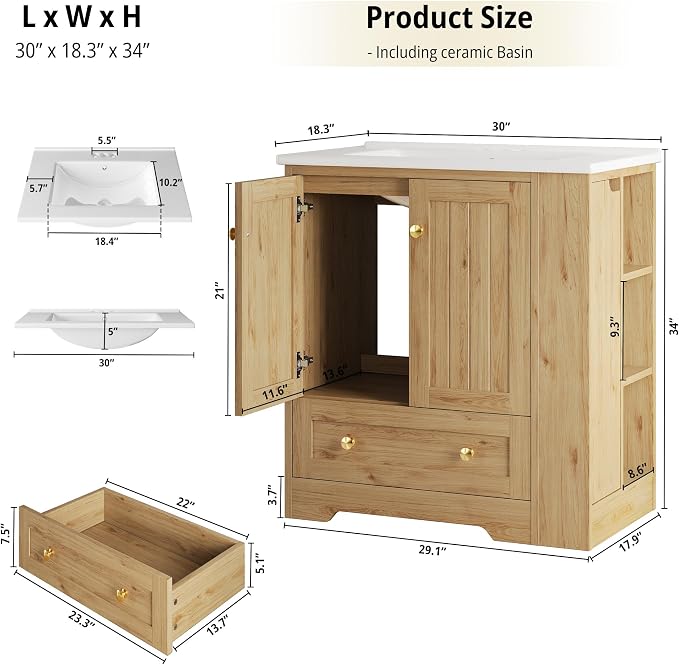 IRONCK Bathroom Vanity with Ceramic Sink, 30" Bathroom Cabinet, Natural | Features a Ceramic Sink, 3 Doors, 1 Drawer and Flexible Side Storage for Organized Bathroom Storage