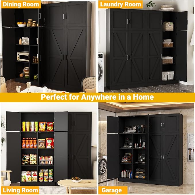 Unikito 71” Kitchen Pantry Storage Cabinet with Adjustable Shelves, 2 Pack | Large Farmhouse Storage Cupboard, Barn Doors, Sturdy and Deep, Versatile for Dinning Room, Living Room, Bathroom, Black