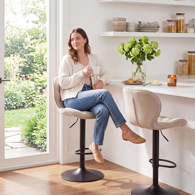 GRUSIGN Bar Stools Set of 2, Modern Swivel Adjustable Bar Chairs, Chenille Fabric Upholstered Counter Height Bar Stools with Backrest, Comfort Barstools for Kitchen Island, Home Bar, Khaki