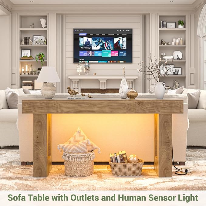 Unikito 63" Console Table with Sensor Light and Oulets, Natural Oak