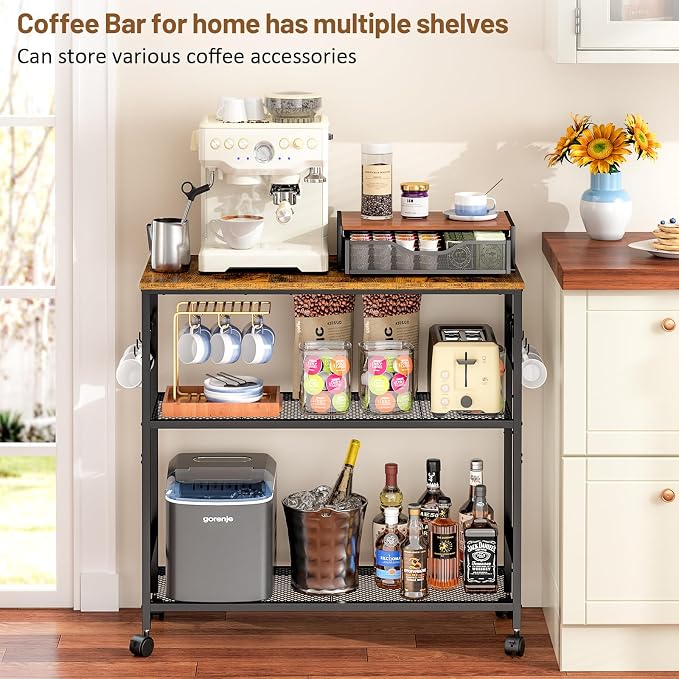 3 Tier Rolling Kitchen Microwave Cart, 33 Inch Microwave Table Stand with Adjustable Shelf, Kitchen Storage Island Utility Cart on Lockable Wheels, Bakers Rack Coffee Bar for Living Room, Office