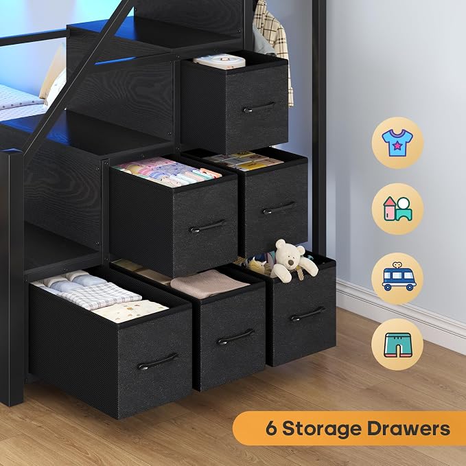 BTHFST Bunk Bed Twin Over Full with Stairs, Storage Drawers and LED Lights