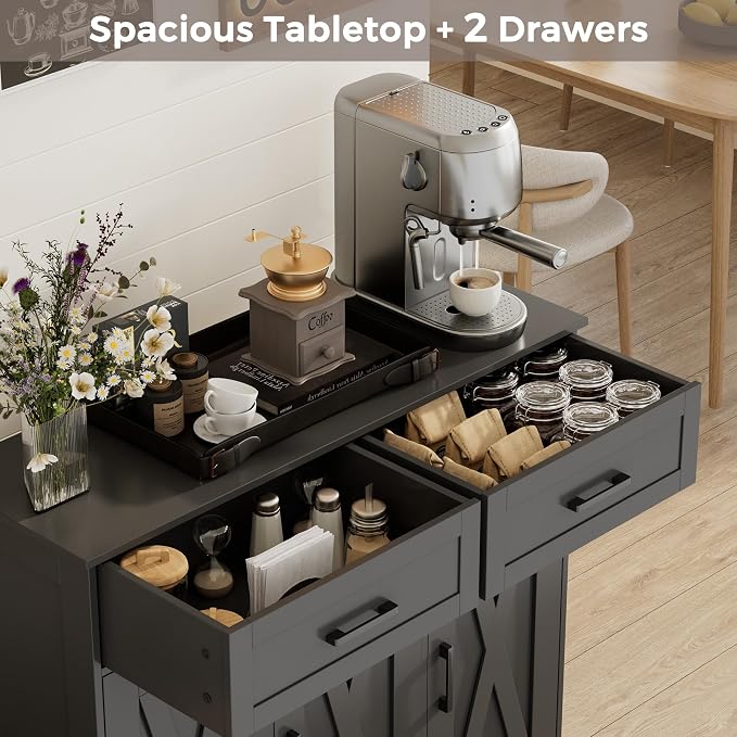 Homhedy Coffee Bar Storage Cabinet with Drawers, Kitchen Buffet Cabinet
