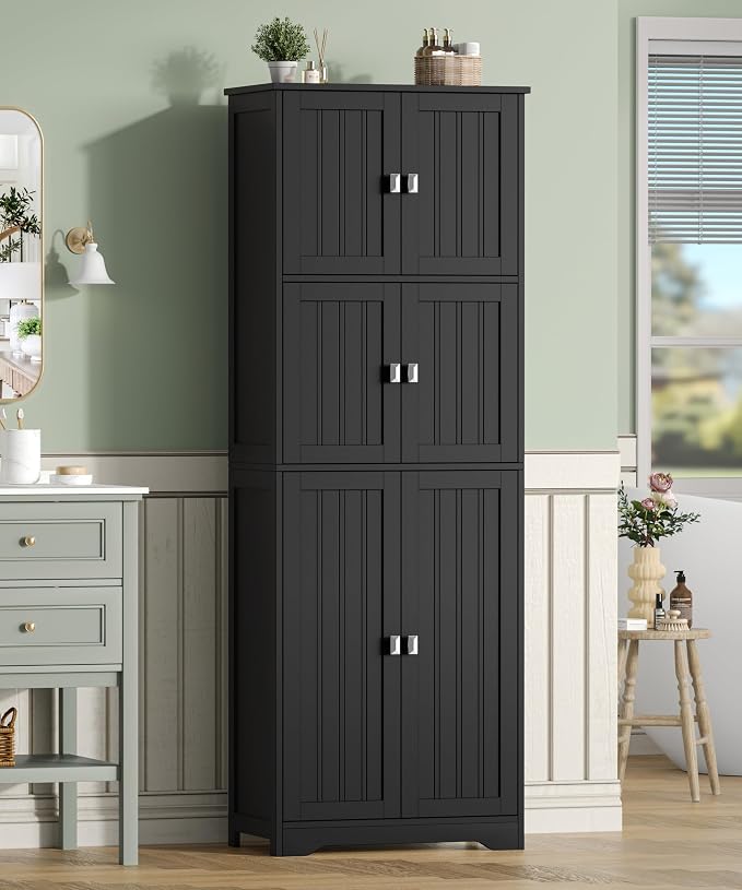 Tall Bathroom Storage Cabinet, 63" H Linen Floor Cabinet | Pantry Storage Cabinet with 6 Doors and Adjustable Shelves, for Bathroom, Living Room, Laundry Room, Kitchen, Black