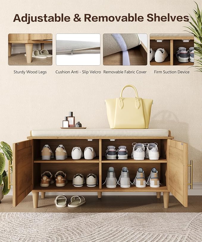 Akxomel 31.5" Rattan Shoe Storage Bench 2 Doors Wooden Entryway Bench Oak
