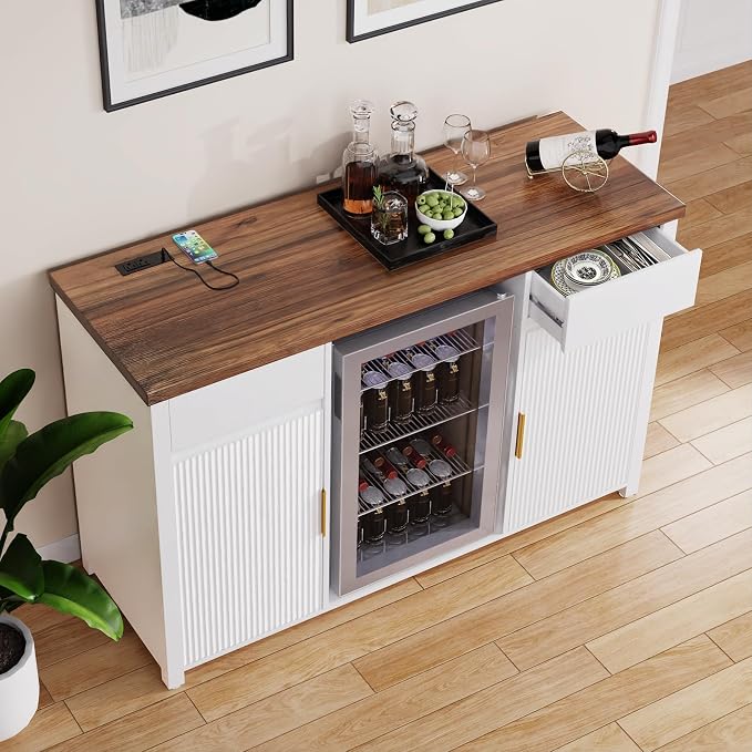 GDLF 53.2" Coffee Bar Cabinet with Fridge Space,Fluted Sideboard,White