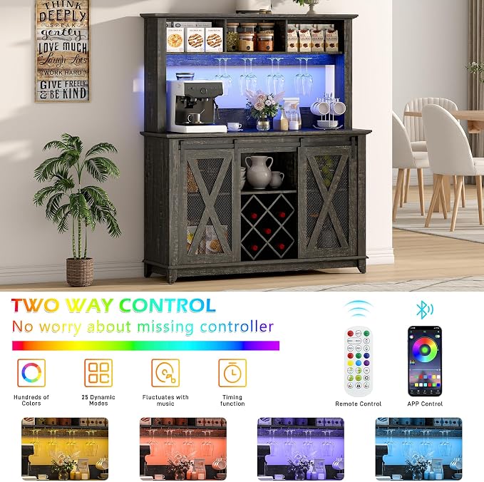 47"Wide 56"H Farmhouse Coffee Bar Cabinet with Power Outlet and LED Light,Wine Bar Cabinet w/3 Storage Hutch,Kitchen Buffet Cabinet with 10 Wine and Glass Racks for Kitchen Dining Room(Dark Oak)