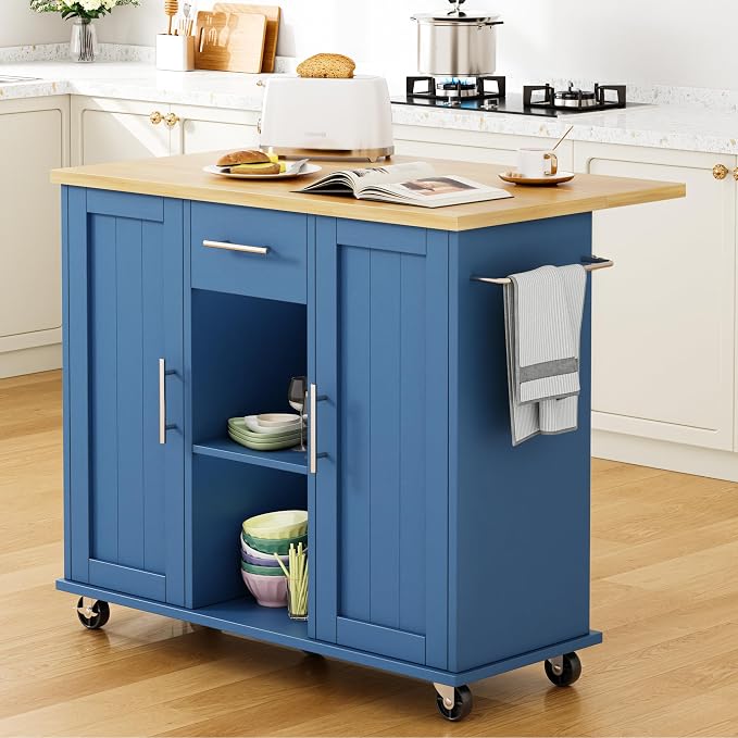 Shintenchi Kitchen Island with Storage, Bar Cart Cabinet Island Table on Wheels, Rolling Microwave Cart for Kitchen with Drop Leaf, Drawers, Towel Rack, Seating Area for Dining Room, Blue