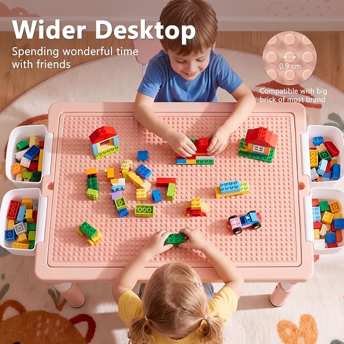 Kinder King Kids Table & 2 Chairs Set, Adjustable Heights, Storage, Pink