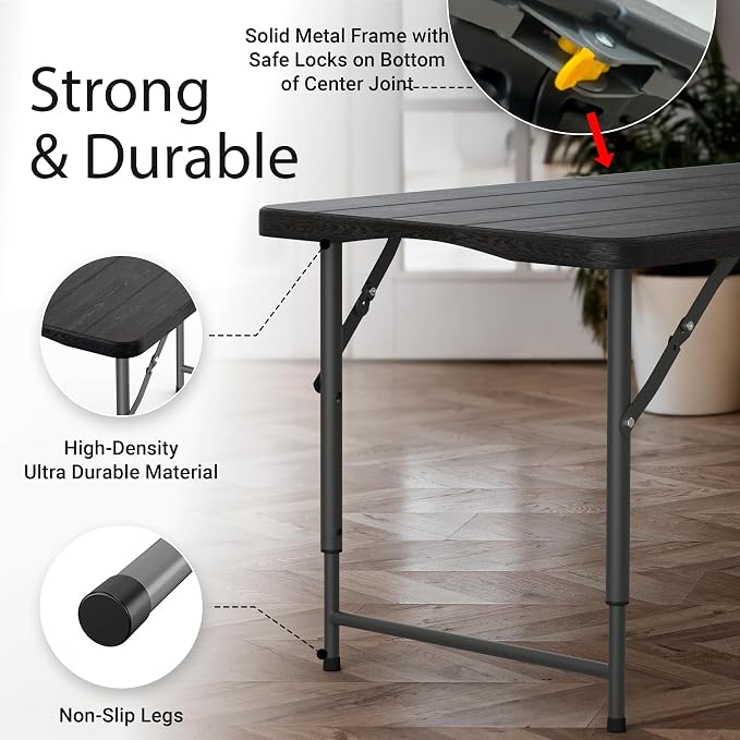 10 PACK of 4 Feet Foldable Table Adjustable Height with Built in Handle, Steel Legs | 4FT Heavy Duty Portable | Perfect for Party Dining Wedding Events Picnic Indoor Outdoor Camping Folding - 4 Foot