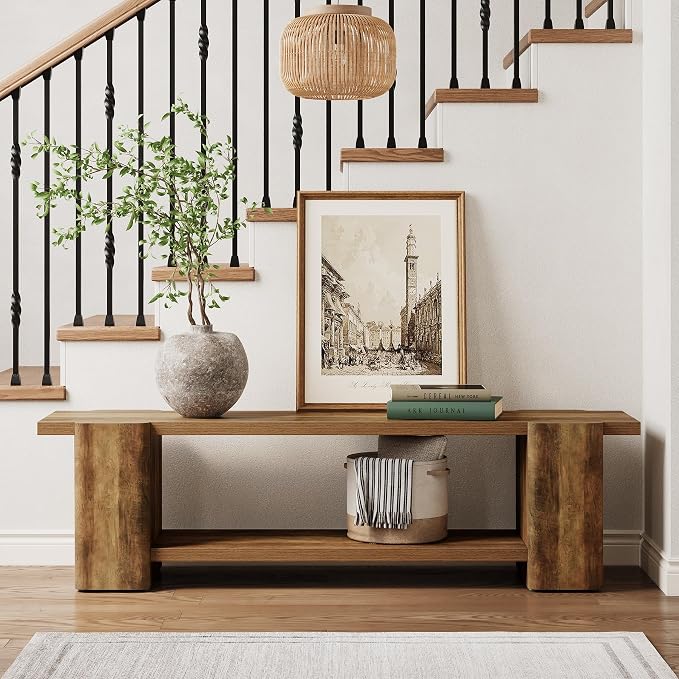 LITTLE TREE Wood Entryway Bench, 63" End of Bed Bench with Storage Shelf, Farmhouse Extra Long Shoe Bench for Entryway, Dining Room, Hallway, Living Room, Bedroom, Double-Reinforced Legs, Brown