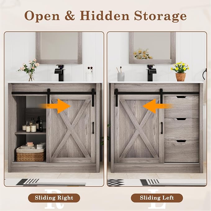 chartustriable 36 Inch Bathroom Vanity with Sink & Faucet & Mirror, Farmhouse Bathroom Vanity Cabinet Set with Sliding Barn Door & Drawers, Small Single Bath Storage Vanity Sink, Grey
