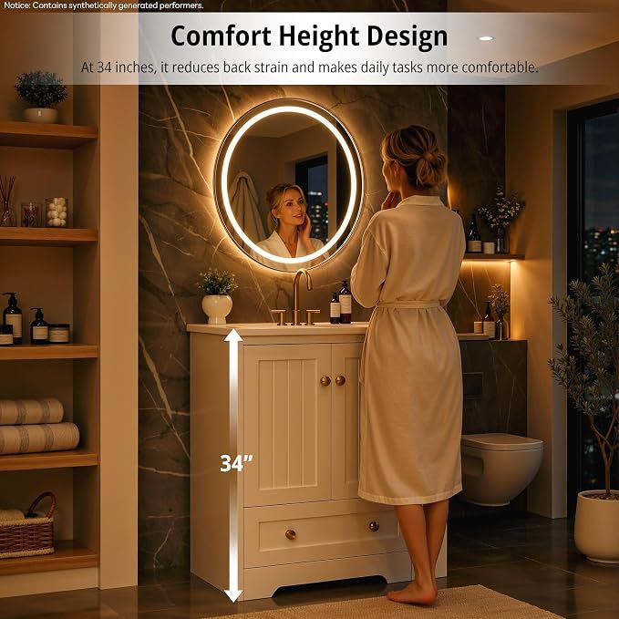 IRONCK Bathroom Vanity with Ceramic Sink, 30" Bathroom Cabinet, White | Features a Ceramic Sink, 3 Doors, 1 Drawer and Flexible Side Storage for Organized Bathroom Storage
