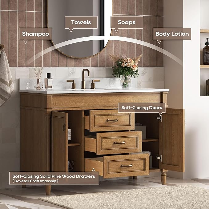 48 Inch Bathroom Vanity with Sink Combo, Light Walnut | Classic Cabinet with Countertop & Backsplash, Solid Wood Frame with Soft Closing Doors & 3 Dovetail Drawers, Ceramic Sink