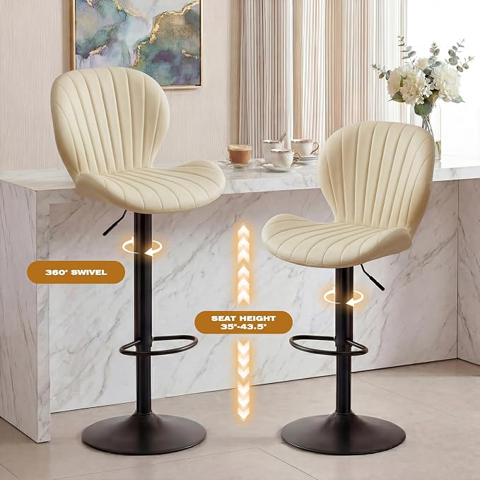 GRUSIGN Bar Stools Set of 4, Modern Swivel Adjustable Bar Chairs, Faux Leather Upholstered Counter Height Bar Stools with Backrest, Comfort Barstools for Kitchen Island, Home Bar, Beige
