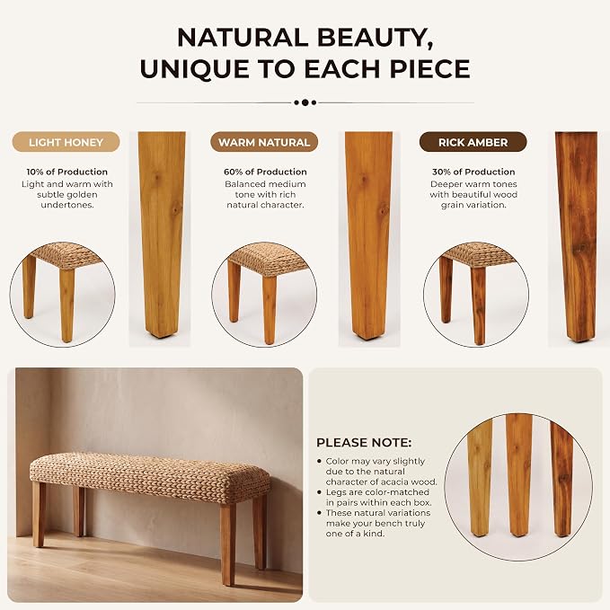 Solid Wood Acacia Indoor Bench, 47 Inch Water Hyacinth Seat, Fishbone Style