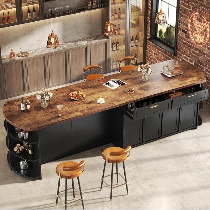 HSH 63 Inch Large Kitchen Island with Storage and Seating, Rustic Brown