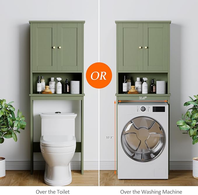 Over the Toilet Storage Cabinet, Bathroom Storage Organizer Over Toilet, Space Saver W/Adjustable Shelf & Open Shelf, Green
