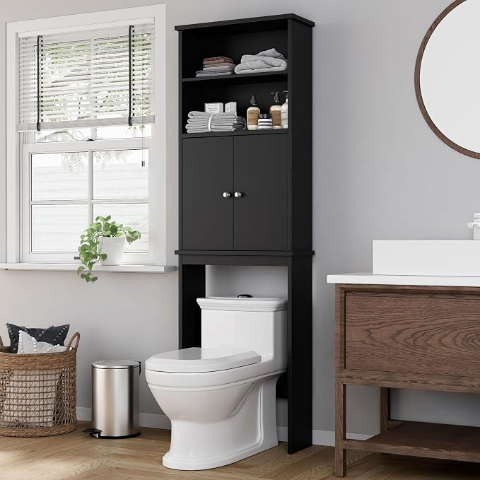 Shintenchi Over the Toilet Storage Cabinet, Bathroom Above the Toilet Rack, Bathroom Adjustable Shelf Organizer with Open Bottom Bar and Anti-Tip Device, Black