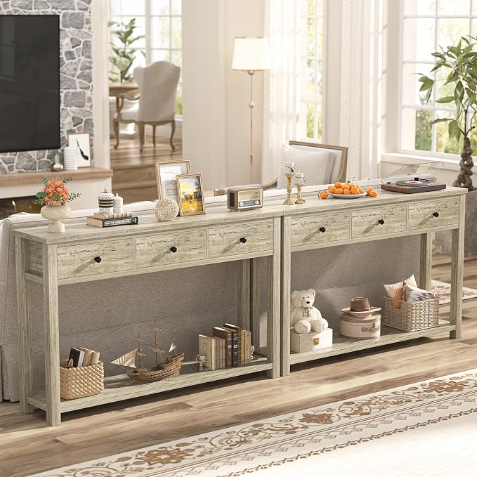 Homieasy Farmhouse Console Table with 3 Drawers, 47 Inch Wood Sofa Table with Storage Shelf for Living Room, Behind Couch, Entryway Table for Hallway, Living Room, or Foyer, Light Rustic Oak