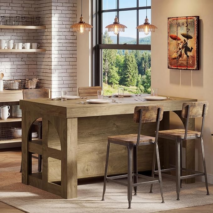 LITTLE TREE Kitchen Island with Storage, 55-Inch Large Stationary Center Island with Seating Space & 3 Shelves, Farmhouse Wooden Bar Table for Kitchen, Rustic Brown
