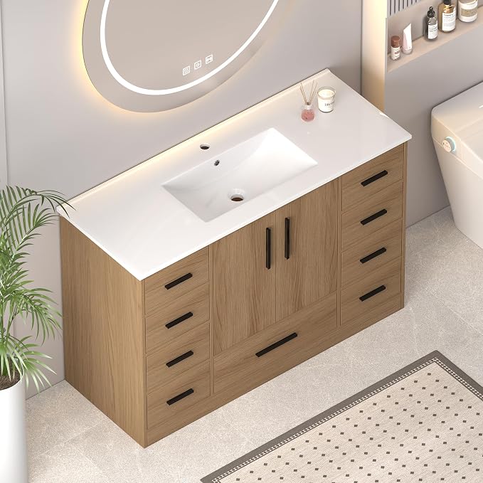 LUMISOL 48 Inch Bathroom Vanity with Sink, Freestanding Bathroom Vanity with 9 Storage Drawers and 2 Soft-Closing Doors, Wood 48" Bathroom Vanities with Resin Sink, Light Oak