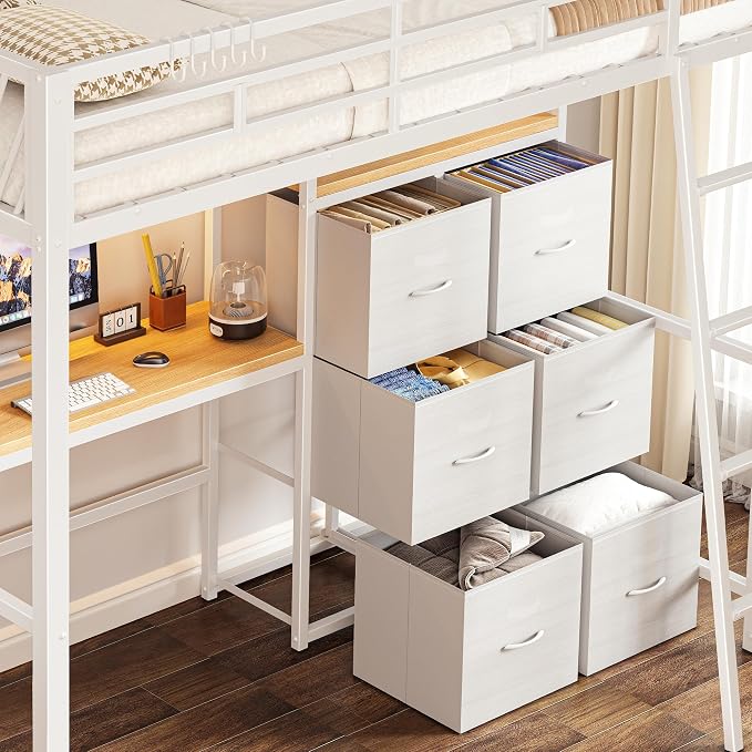 Decofy White Twin Loft Bed with Desk and 6 Storage Drawers, Metal Twin Size Loft Beds with Charging Station, RGB LED Lights, and Pegboard & Hanging Rod for Kids, Teenager (White)