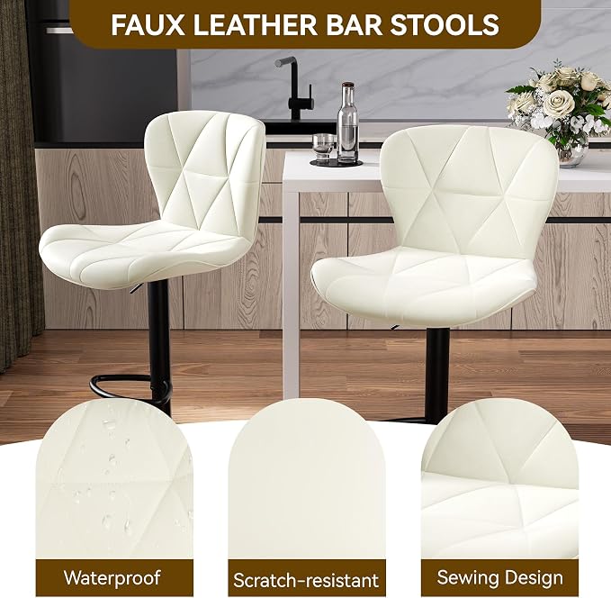 Nalupatio Modern Bar Stools Set of 2, Adjustable Faux Leather Upholstered Swivel Bar Stools, Counter Bar Chairs with Back for Kitchen Island, Cream White