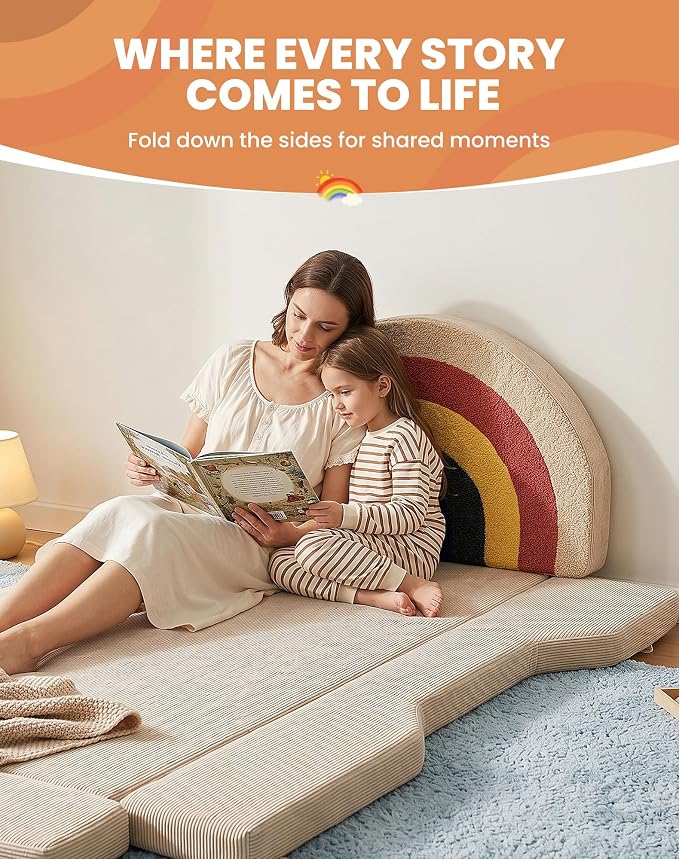 Toddler Bed with Mattress Included, Rainbow Toddler Floor Beds No Assembly Needed, Soft Foam Kids Floor Bed with Fold-Down Rails, No Wood Frame Safety Floor Beds for Boys and Girls Aged 2-8 Years