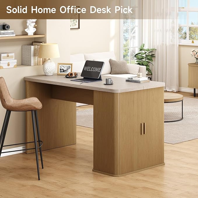 ONBRILL 61 Inch Fluted Kitchen Island with Storage Travertine Color