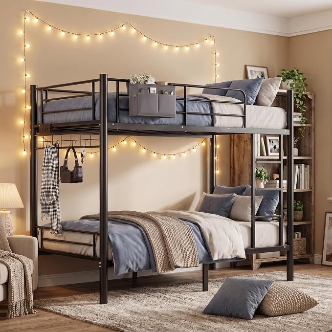 Bunk Bed,Bunk Bed Twin Over Twin with Power Outlet and LED Lights,Black